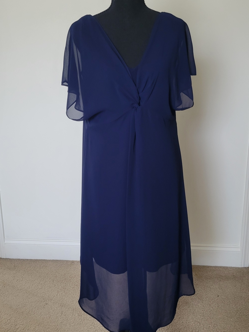 Adrianna Papell Navy Chiffon Overlay Twist Dress Size S